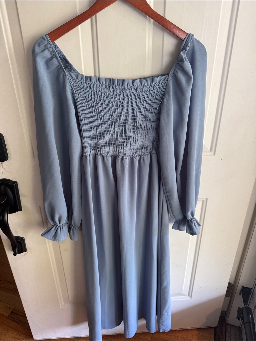 Off the shoulder Light Blue Smocked Square-Neck Midi Dress -